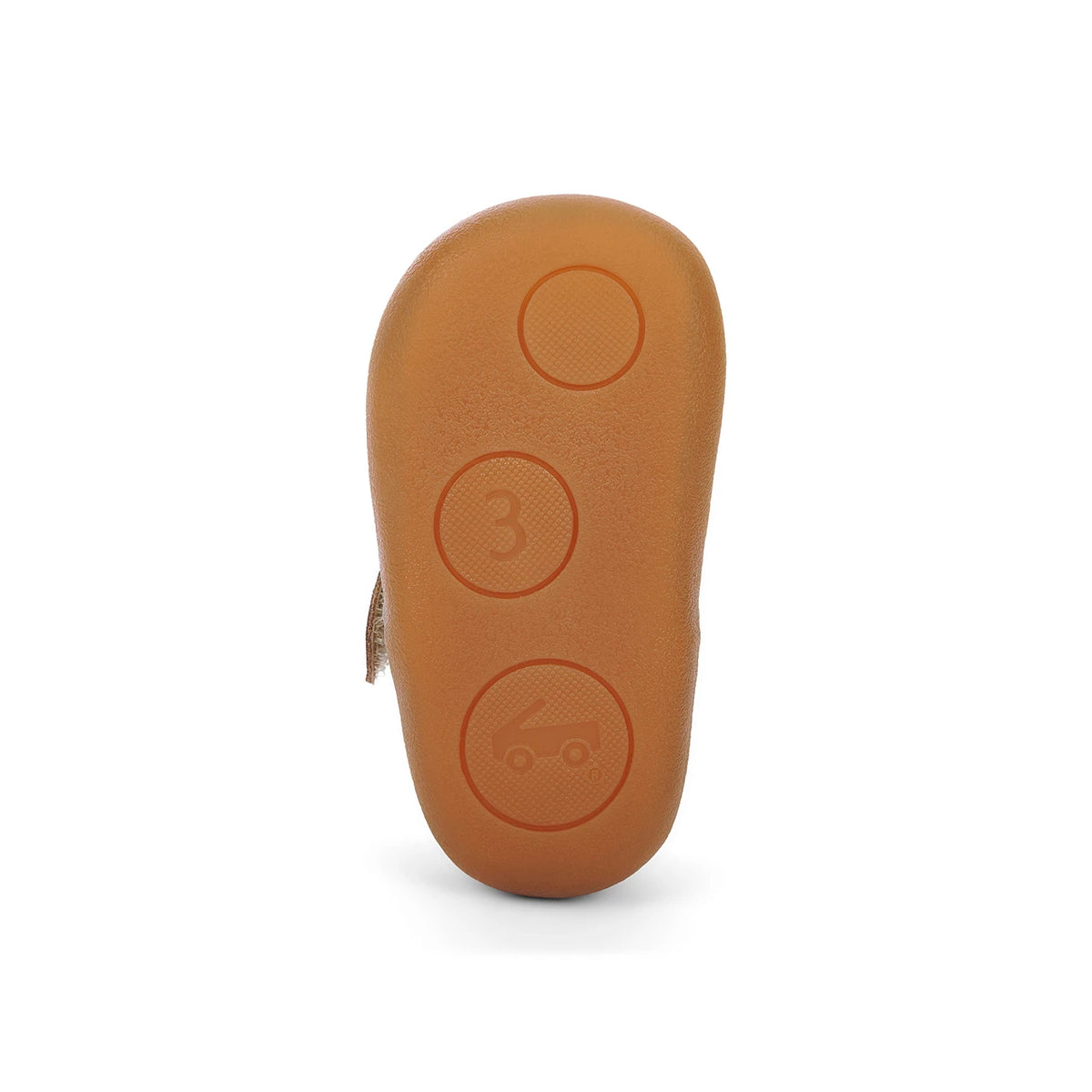 A close-up of a tan or light brown shoe sole showing embossed circular markings with numbers and symbols, set against a plain white background.