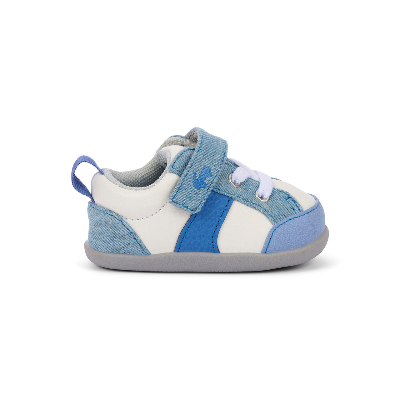 Blue and white baby shoe on a white background