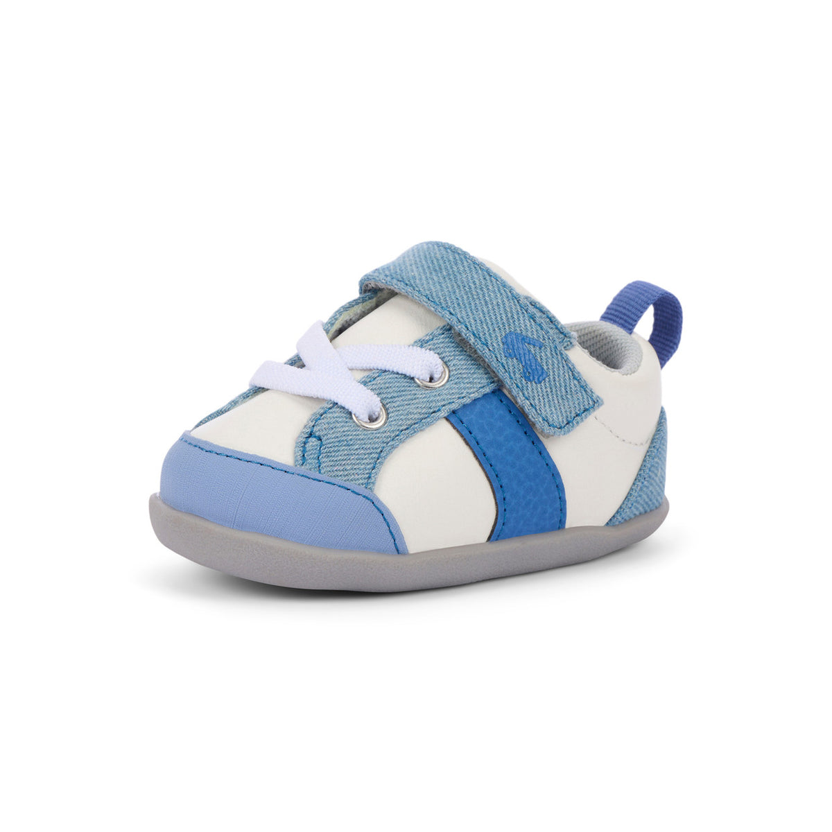 Blue and white baby shoe on a white background