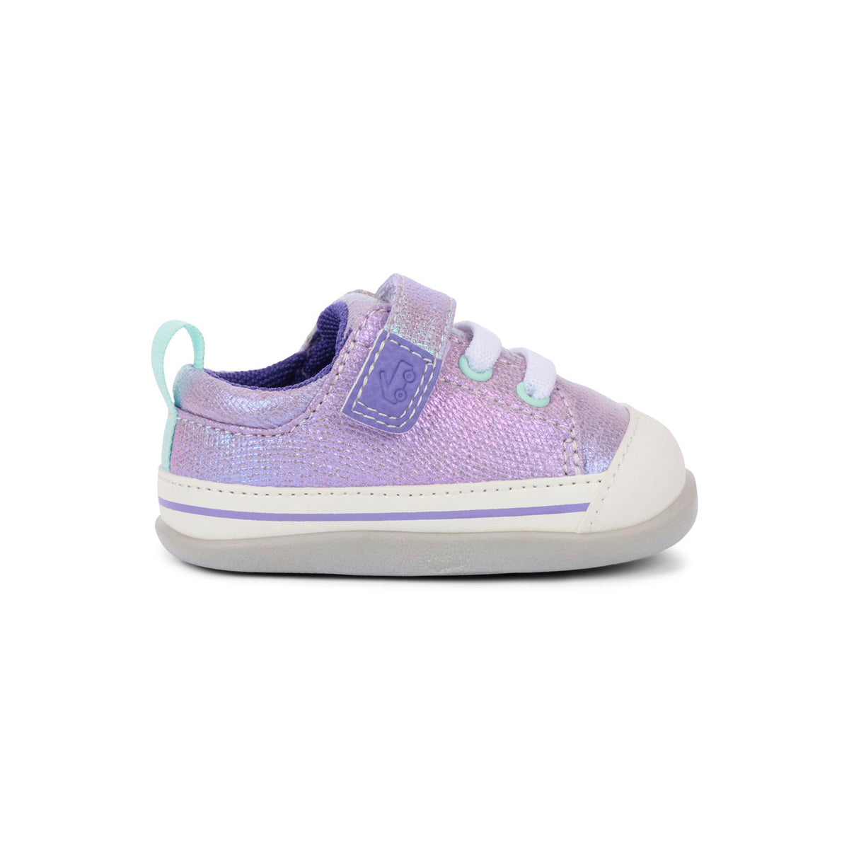 Purple children's sneaker with white sole on a white background