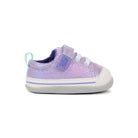 Purple children's sneaker with white sole on a white background