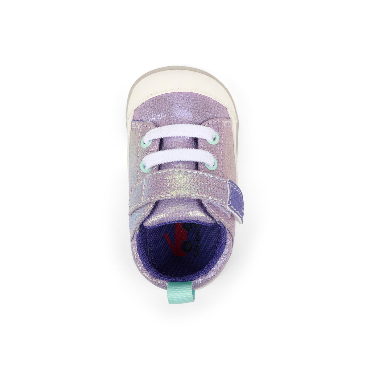 Purple children's shoe with white laces on a white background