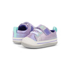 Pair of purple and blue children's sneakers on a white background