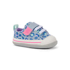 Children's sneaker with blue pattern and pink accents on a white background