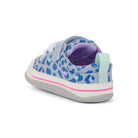 Children's shoe with blue leopard print pattern on a white background