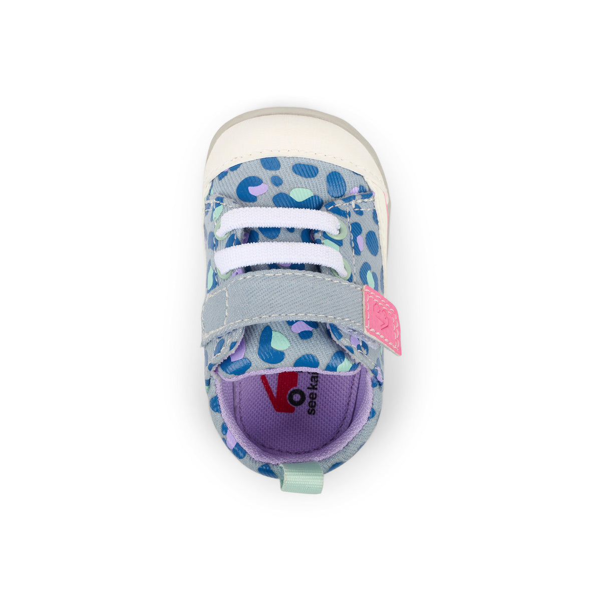 Children's shoe with blue and purple pattern on a white background