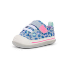 Children's shoe with blue and pink pattern on a white background