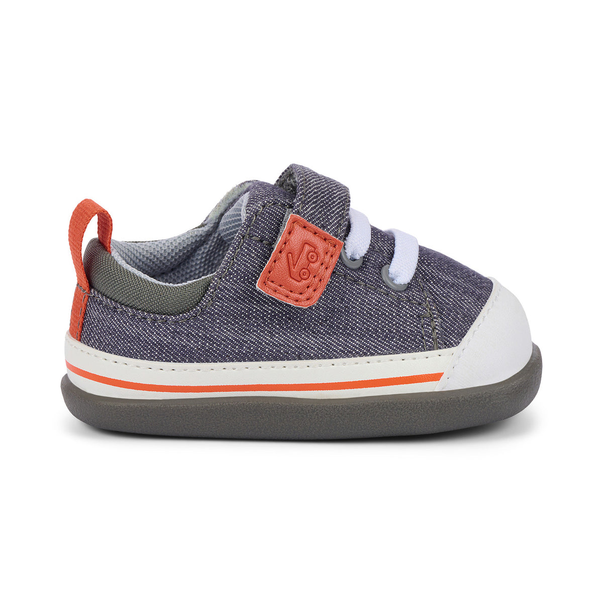 Children's shoe with gray and orange design on a white background