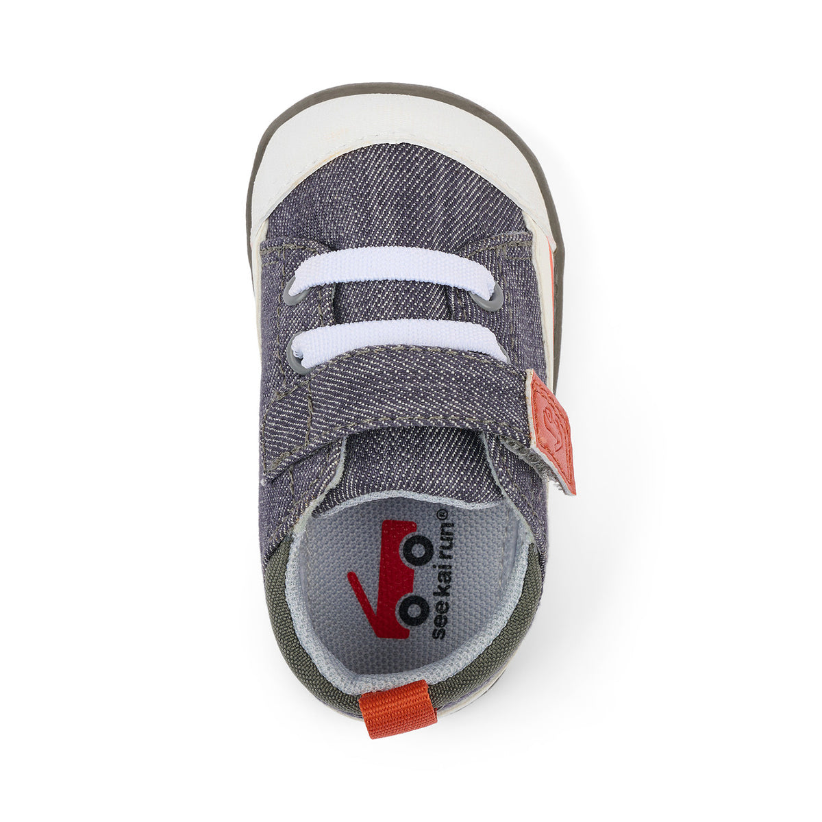 Gray baby shoe with white laces on a white background