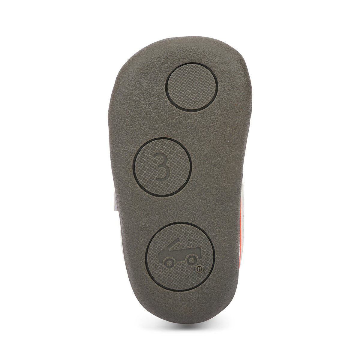 Gray remote control with three buttons on a white background