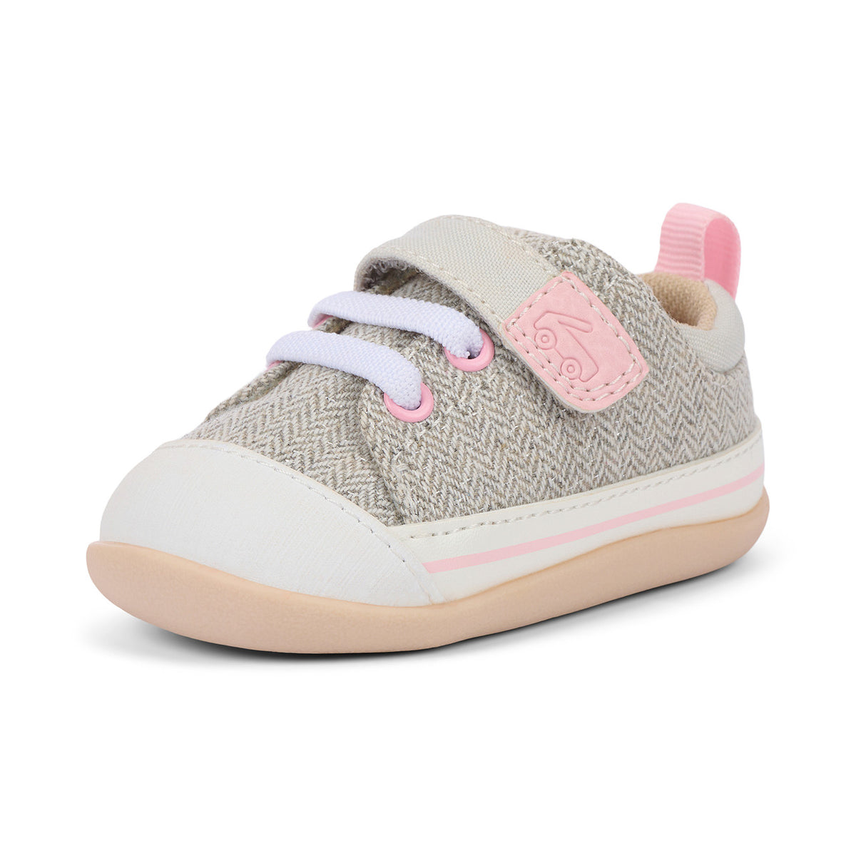Baby shoe with gray texture, pink accents, and white sole on a white background