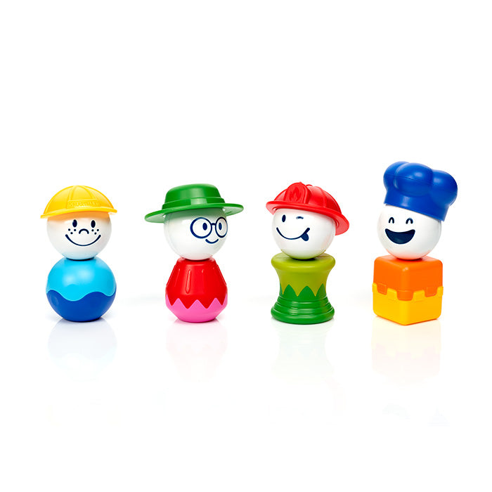 SmartMax My First People magnetic toy set showing four figures in mixed-up combinations—a construction worker head with a blue body, a gardener head with a red body, a firefighter head with a green body, and a chef head with an orange body—standing against a white background.