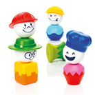 SmartMax My First People magnetic toy set assembled into four colorful figures—a firefighter with a red hat, a construction worker with a yellow hard hat, a gardener with a green hat, and a chef with a blue hat—standing against a white background.