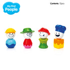 SmartMax My First People magnetic toy set showing four figures in mixed-up combinations—a construction worker head with a blue body, a gardener head with a red body, a firefighter head with a green body, and a chef head with an orange body—with a "My First People" logo and "Contents: 12pcs" text in the upper right corner, against a white background.