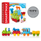 A product box for the Smartmax My First Animal Train featuring a green magnetic toy train engine, a blue elephant figure, an orange lion figure, and colorful train cars, alongside a TOTY 2018 Finalist award seal and a completed train assembly below.