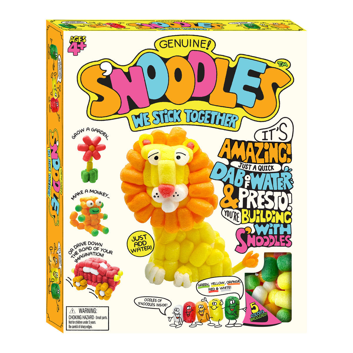 Box of Snoodles toy kit on a plain white background. The packaging features a large colorful 'SNOODLES' logo, a yellow-orange lion made of the product, and text highlighting that it is genuine and sticks together when wet or dried.