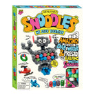 Box of Snoodles Genuine Snoodles toy kit on a plain white background. The packaging features a colorful design with the brand name 'Snoodles' in large letters, showing a constructed gray stick figure made of gray pom-poms and colorful round beads, along with smaller examples of built items and a photo of the included colorful beads.