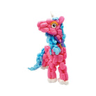 Colorful plush toy resembling a creature with pink and blue body on a white background