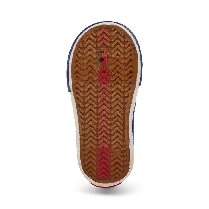 Close-up of a shoe sole with brown tread pattern on a white background