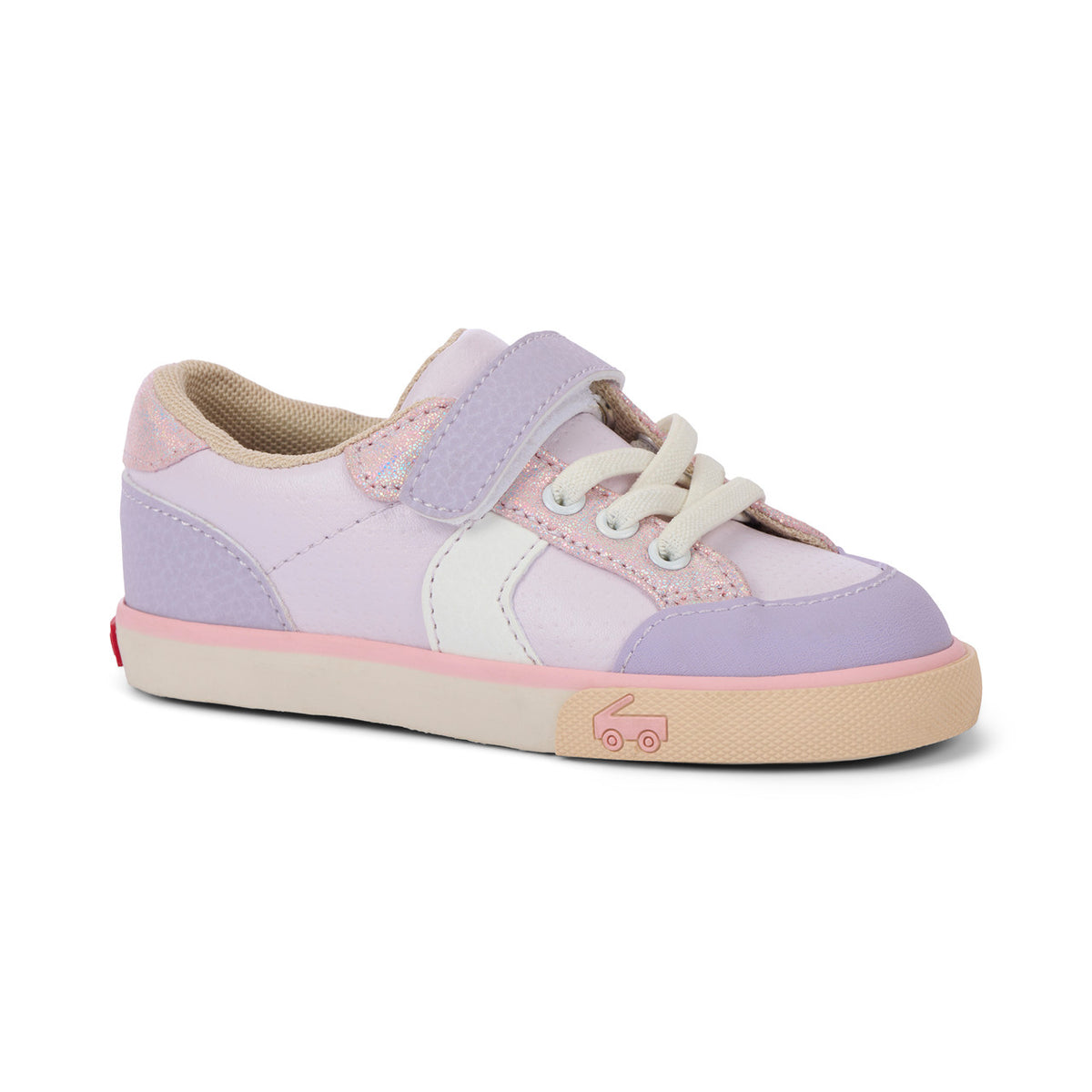 Children's sneaker with purple and pink design on a white background