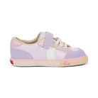 Children's shoe with purple, pink, and white color scheme on a white background