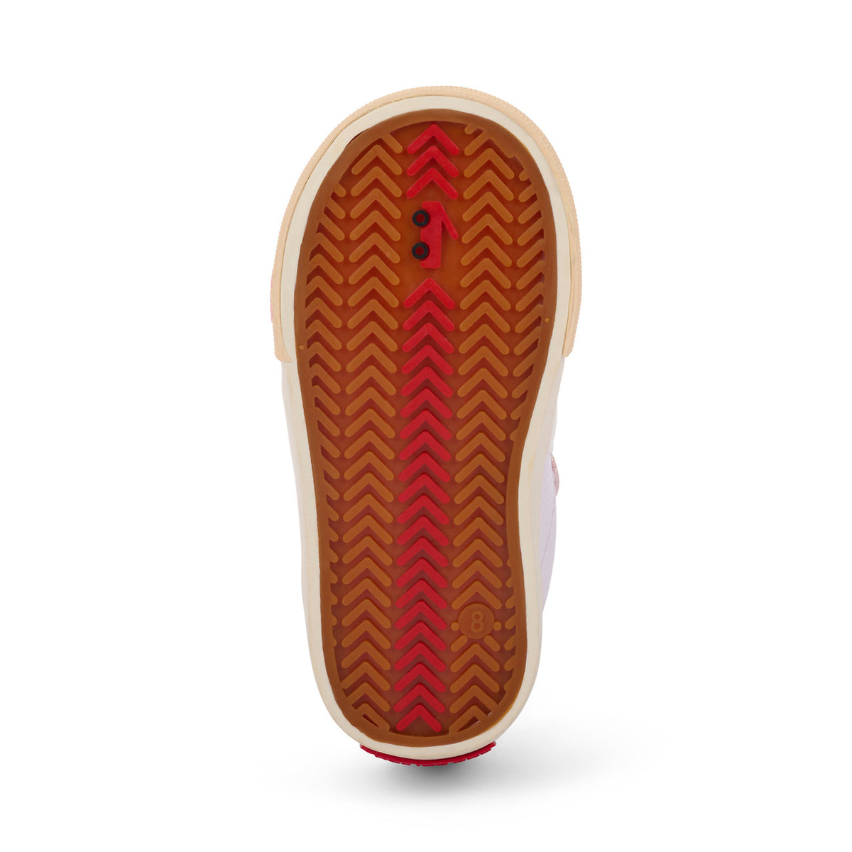 Close-up of a shoe sole with red and brown pattern on a white background