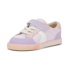 Children's shoe with purple, pink, and white color scheme on a white background