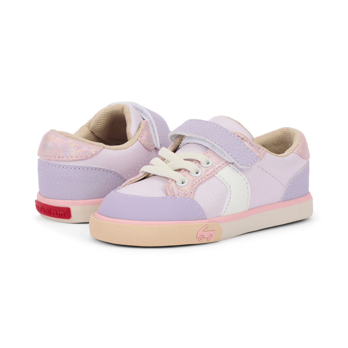 Pair of children's sneakers with purple and pink design on a white background