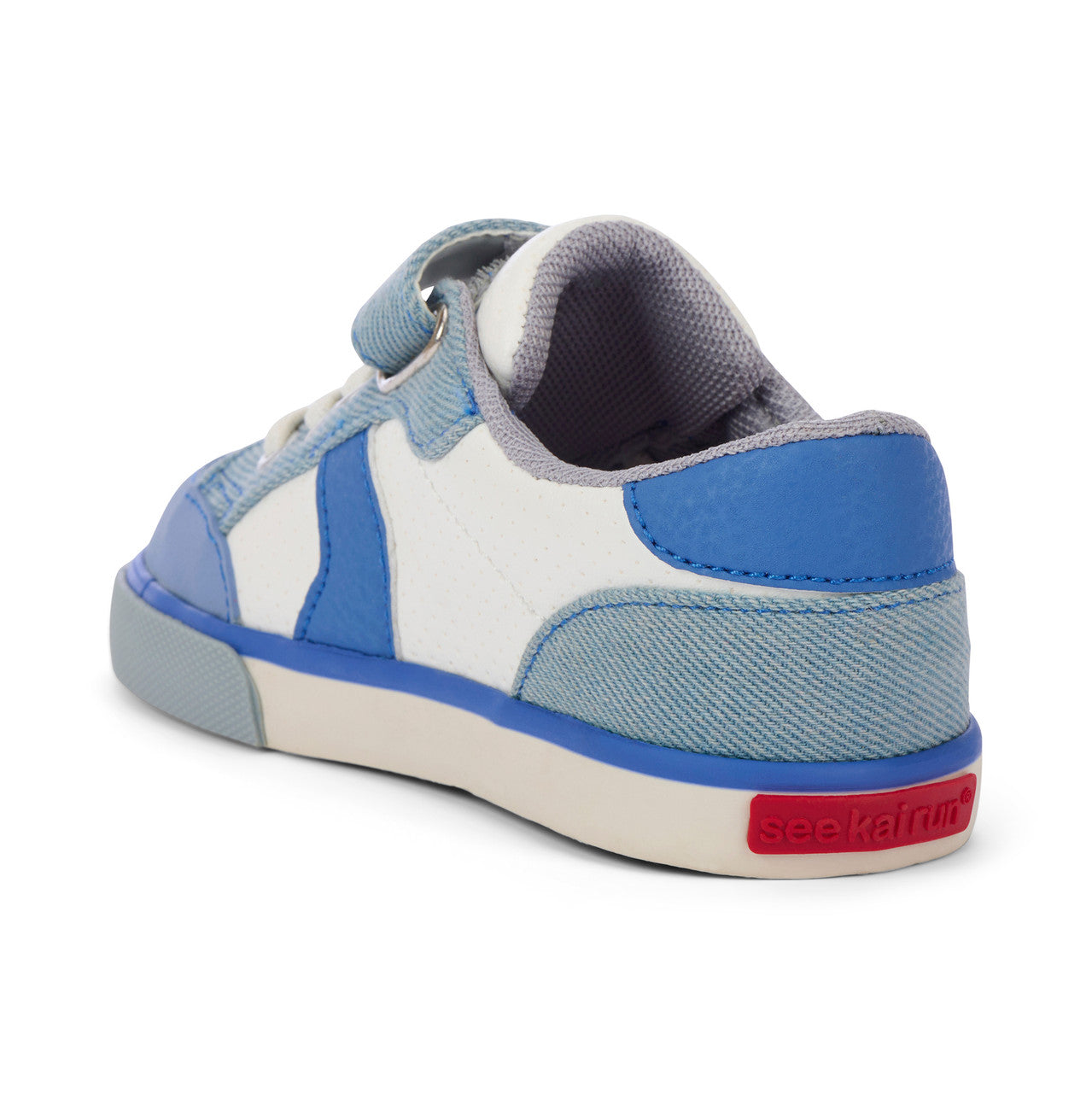 Children's shoe with blue and white design on a white background