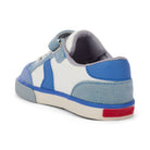 Children's shoe with blue and white design on a white background