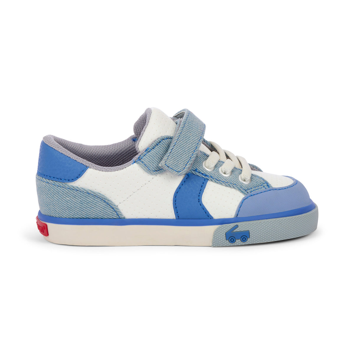 Children's blue and white sneaker with a strap on a white background