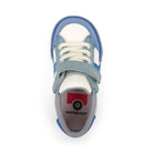 Blue and white sneaker with a visible brand logo on a white background