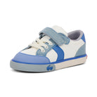 Blue and white children's sneaker with a small car design on a white background