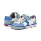 Pair of blue and white children's sneakers on a white background