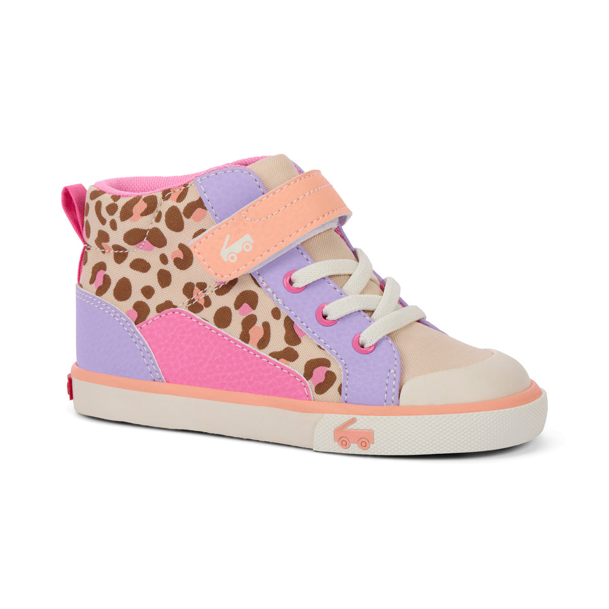 Children's high-top sneaker with leopard print and colorful design on a white background