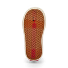 Close-up of a shoe sole with brown tread pattern on a white background