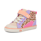 Children's high-top sneaker with leopard print and colorful design on a white background