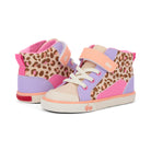 Pair of children's high-top sneakers with leopard print and colorful design on a white background