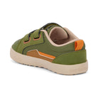 Green and brown children's shoe with orange accents on a white background
