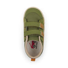 Green children's shoe with velcro straps on a white background
