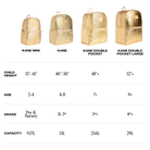 Gold backpacks of different sizes with corresponding height, age, grade, and capacity information.