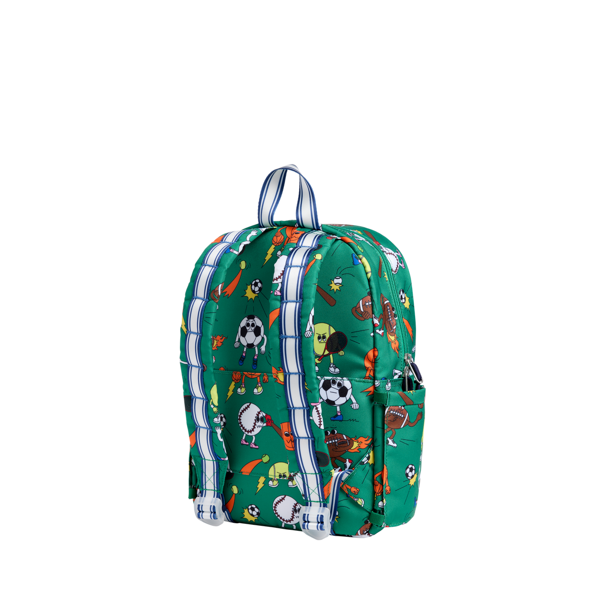 Green backpack with sports-themed design on a white background