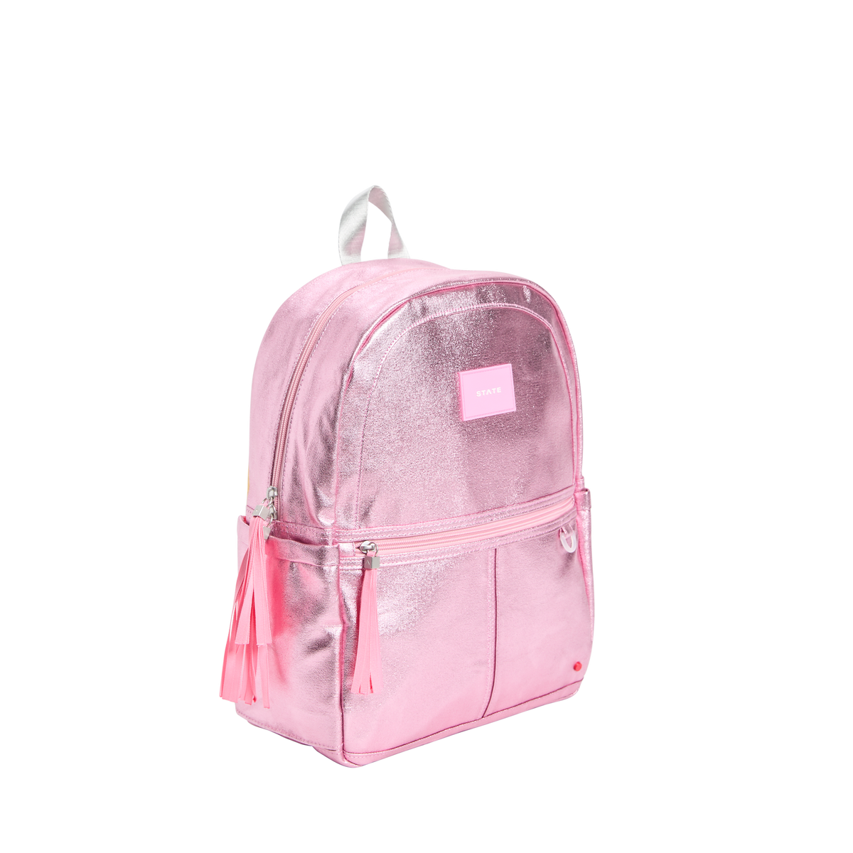 Pink backpack on a white background