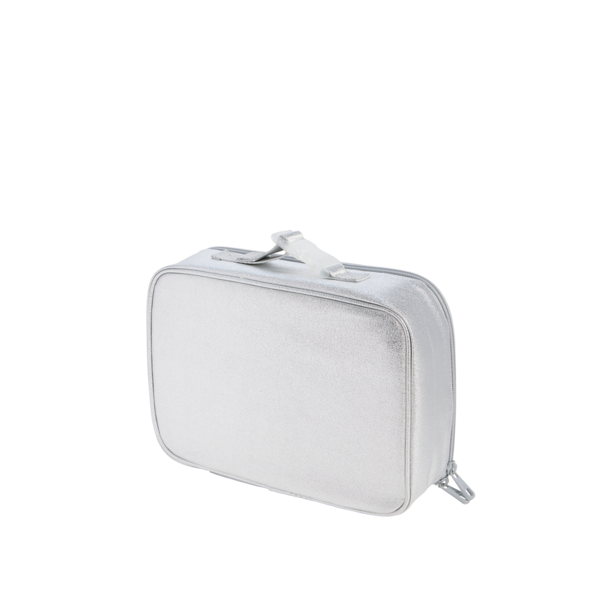 White rectangular travel case with a zipper on a white background