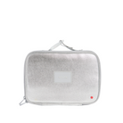 Silver travel case with a visible brand logo on a white background
