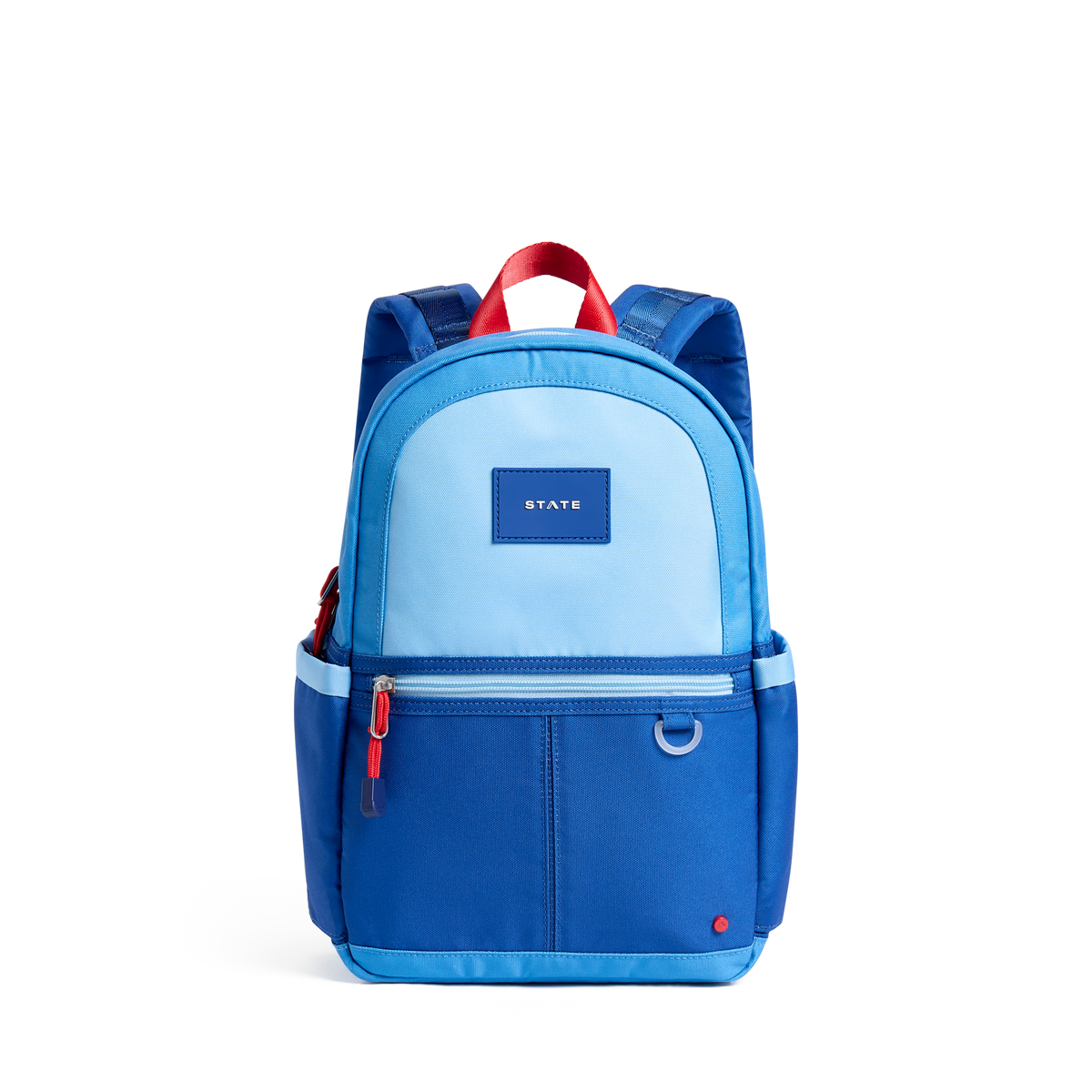 Blue and light blue backpack with red accents on a white background