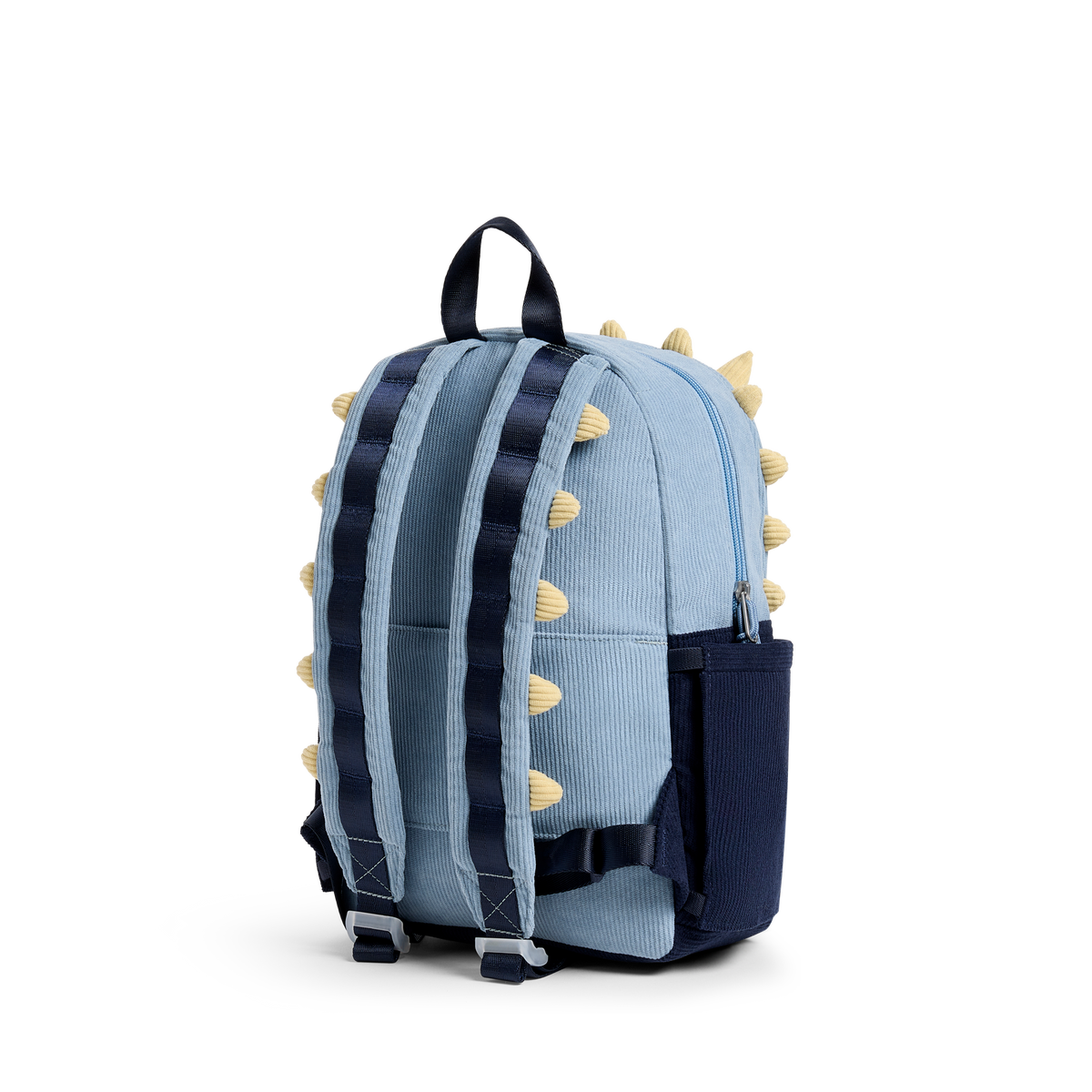 Children's backpack with dinosaur spikes on a white background