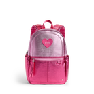 Pink backpack with a heart-shaped design on a white background