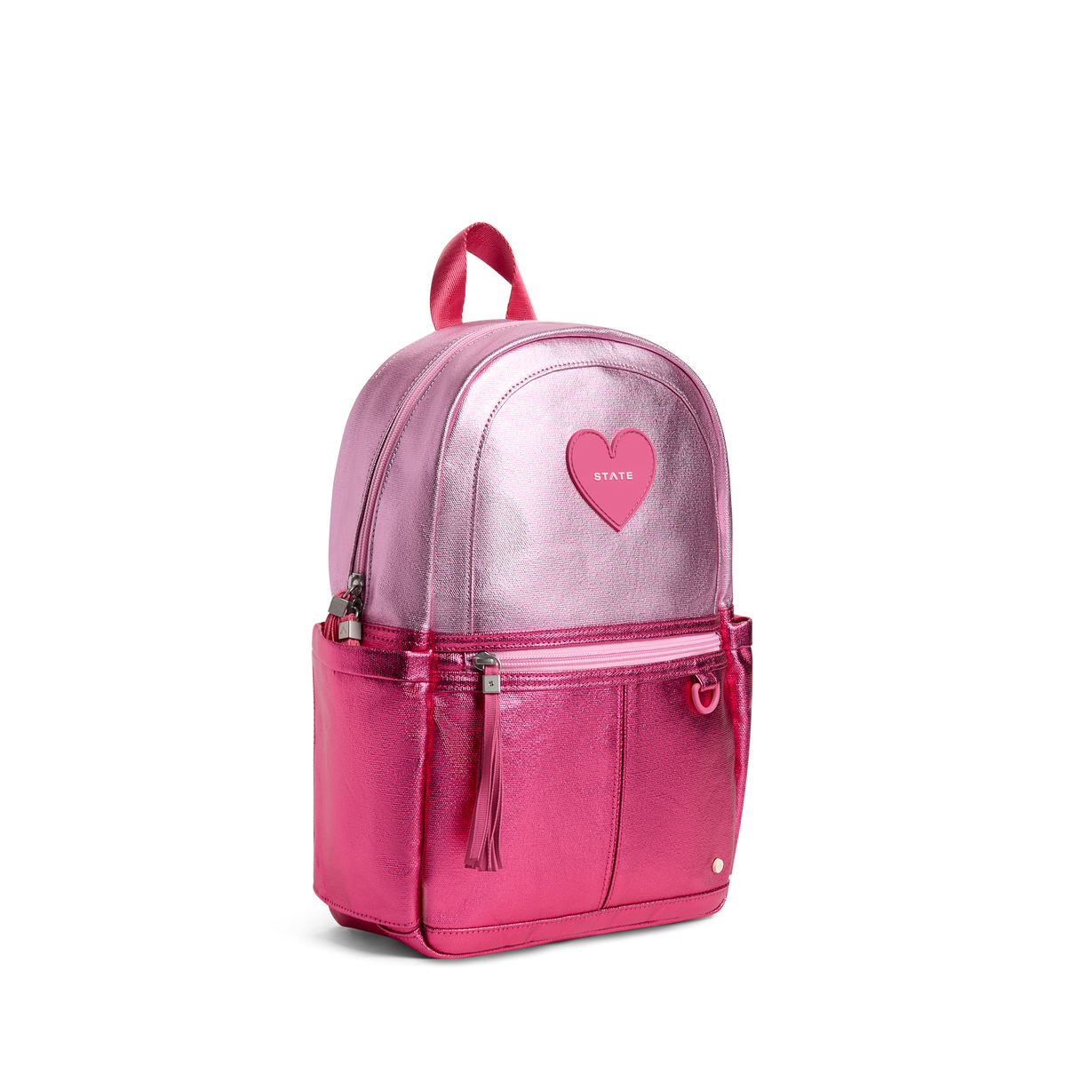 Pink backpack with a heart design on a white background