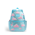 A light blue mini backpack with pink glittery clouds and small white star accents, featuring a front zip pocket, side pockets, and a central brand patch.